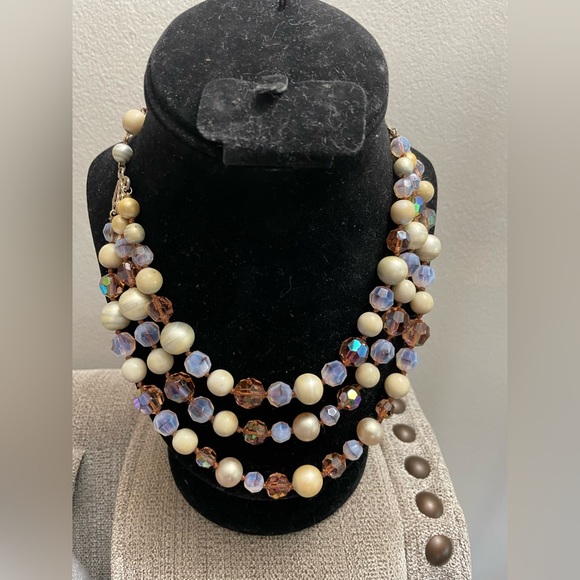 Source Unknown Jewelry - Purple brown cream colored glass beaded necklace